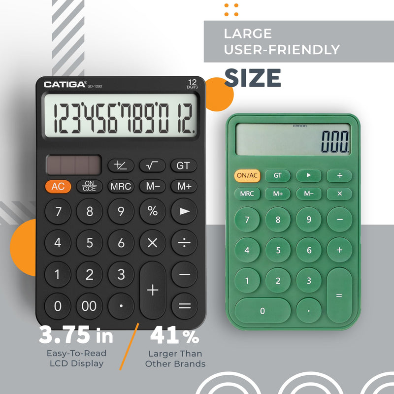 [AUSTRALIA] - CATIGA 12 Digit Desktop Calculator with Large LCD Display, 4 Funtions Calculator, Round Design Big Button, Solar and Battery Dual Power, Standard Function for Office, Home, School, SD-1292 1) Black 