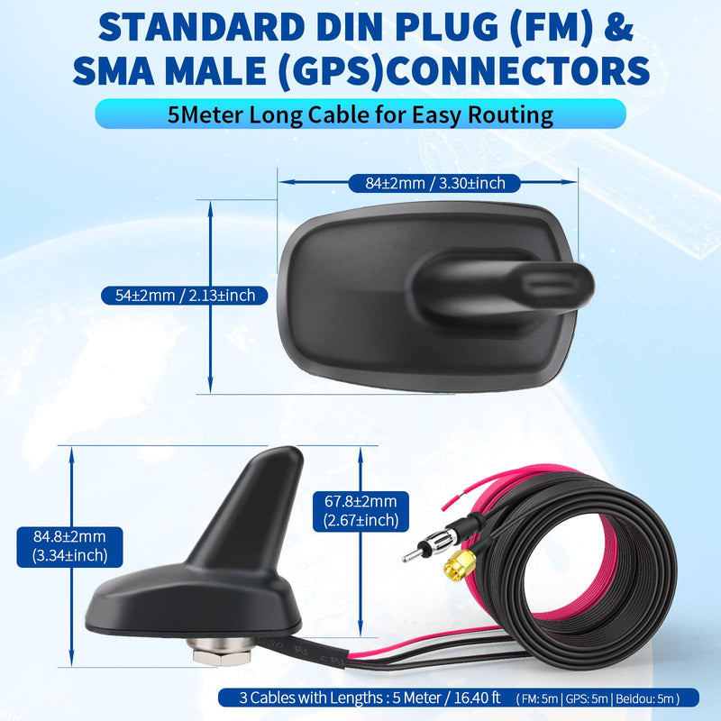 Bingfu Shark Fin Antenna FM AM Radio GPS BeiDou GNSS with 28dB LNA IP65 Waterproof 9-16V Wide Voltage for Car Truck RV Black