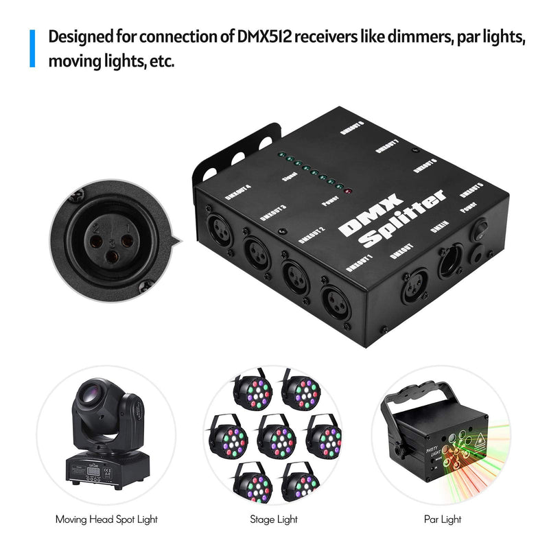 DMX512 Optical Signal Amplifier Spliter Distributor 1 Direct Input & Output 8 Independent Outputs for Light Controller Stage Console Party DJ Club Disco KTV Light with Power Adapter,Signal Split
