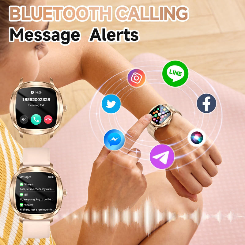 Smart Watch for Women, 1.72" Fitness Tracker with Answer/Make Calls, Sleep/Heart Rate Monitor, Smartwatch for Android iOS Support 100+ Sports Modes, IP68 Waterproof, Fitness Watch with 2 Band (Gold)