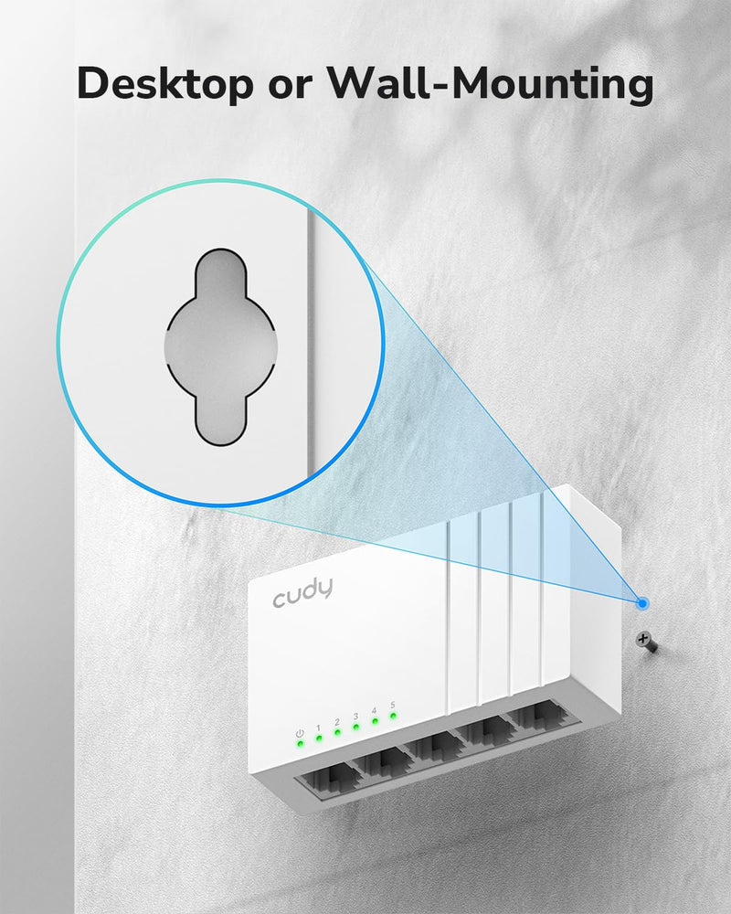 Cudy 5-Port Gigabit Ethernet Network Switch, USB-C Power Input, GS105U | 5x GbE, Type-C powered, plug & play, auto-negotiation, auto MDI/MDI-X, jumbo frame, QoS, silent plastic body, ultra-slim