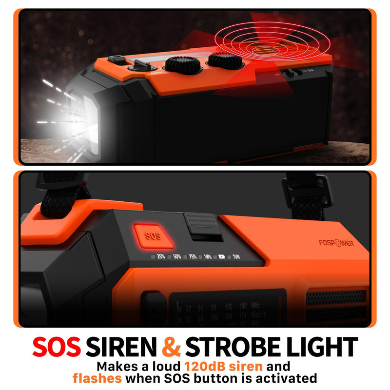 FosPower Emergency Weather Radio (Model A6) NOAA/AM/FM with 19240mWh Portable Power Bank, USB/Solar/Hand Crank Charging, Battery Operated, SOS Alarm & Flashlight for Indoor/Outdoor Emergency - Orange