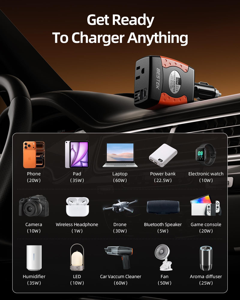 BESTEK 150W Car Power Inverter 12V to 110V AC Outlet PD 30W QC 18W USB | Voltage Converter/Car Charger/Power Adapter/Dual Charging Ports/Safety Protection/Road Trip/Camping Black