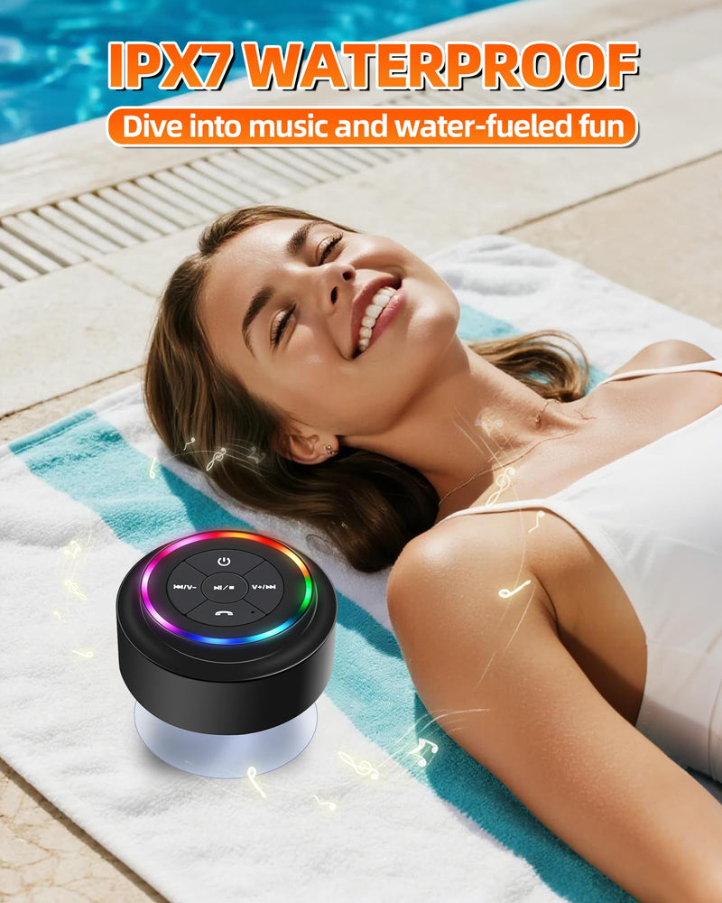 Waterproof Bluetooth Shower Speaker, Portable Wireless Speaker with Suction Cup, Small Portable Wireless Outdoor Speakers, 6 Mode RGB Lights, for Shower Bathroom Pool Beach, Gift Ideas for Christmas
