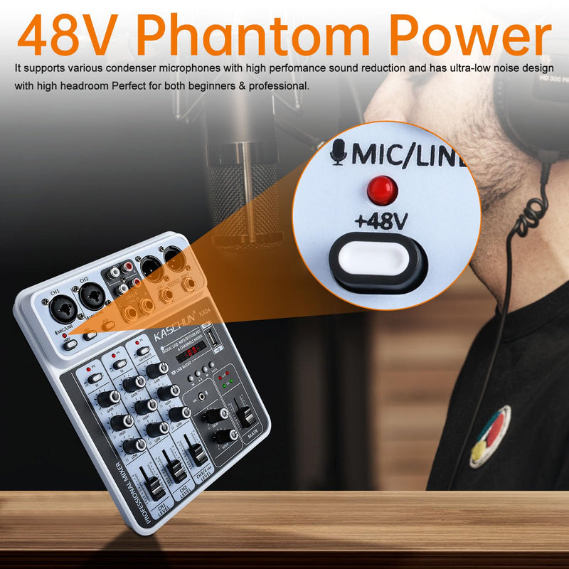 [AUSTRALIA] - Professional DJ audio mixer, 4-channel DJ mixer, Bluetooth sound mixer, supports USB/MP3/BT computer input, 48V phantom power stereo studio audio mixer suitable for DJ studio streaming recording KX04 