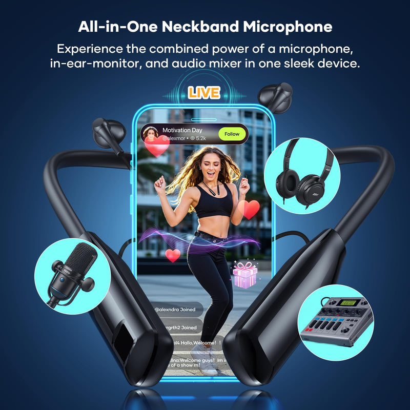 Wireless Neckband Microphone Headset Kit with in-Ear Monitor, Remote Audio Mixer, Bluetooth Music, Voice Changer, All-in-One for Streaming & Podcasting, Compatible with iPhone & Android
