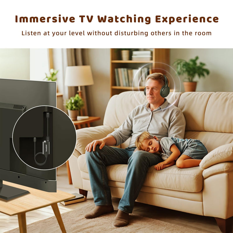 Holdsound Wireless Headphones for TV, TV Headphones Wireless for Seniors with USB Extension Cable Transmitter,Auto-Reconnect, No Lip-Sync Delay, 40H Battery, Plug & Play, Gifts for Elderly Black