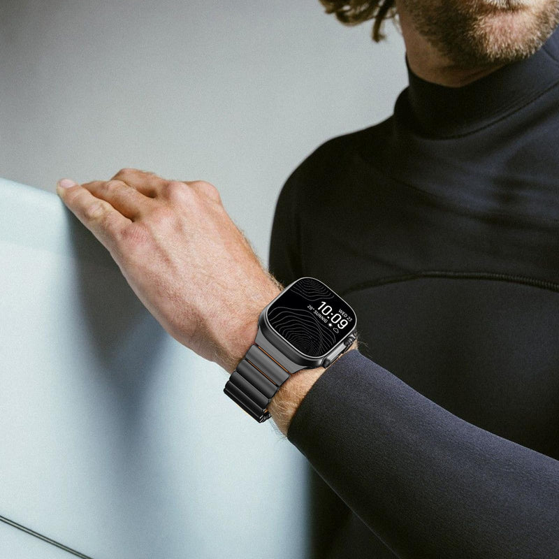 CHANCHY Titanium Silicone Band for Apple Watch Ultra 3/2/1 49/46/45/44mm | Luxury Apple Watch Bands Titanium Silicone Dual-Layer Link for Men Compatible with iWatch Series 11 10 9 8 7 6 5 4 SE 3 2 1 A-Titanium Edition, Black-Orange