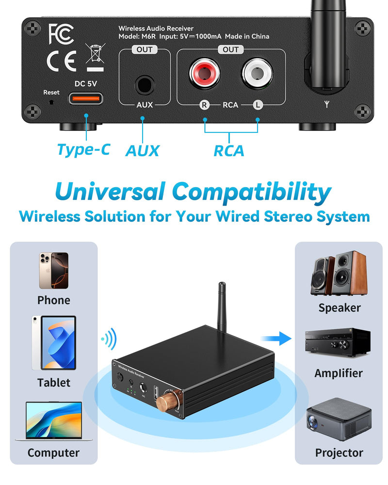 [AUSTRALIA] - Bluetooth 6.0 Receiver, Hi-Fi Adapter with Wireless Long-Range Low-Latency, Suitable for Home Audio Music Streaming Stereo Systems/Home Speakers, Featuring AUX 3.5mm/RCA, USB Playback 
