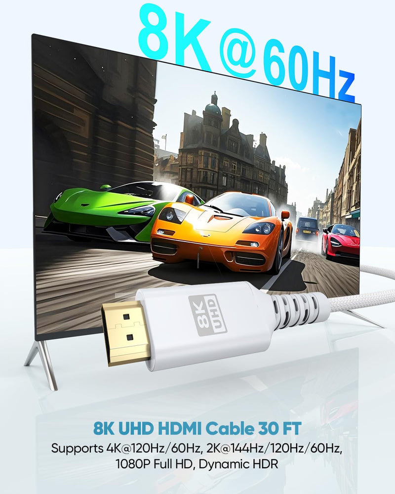 8K White HDMI Cable 30 FT, Long HDMI 2.1 Cable 30FT Ultra High Speed | eARC Braided HDMI Cord with 8K@60Hz, 4K@120Hz, HDR10+, Dolby, 3D, HDCP2.3 for Laptop/Monitor/HDTV/Soundbar/Blu-ray/PS5/Xbox 1