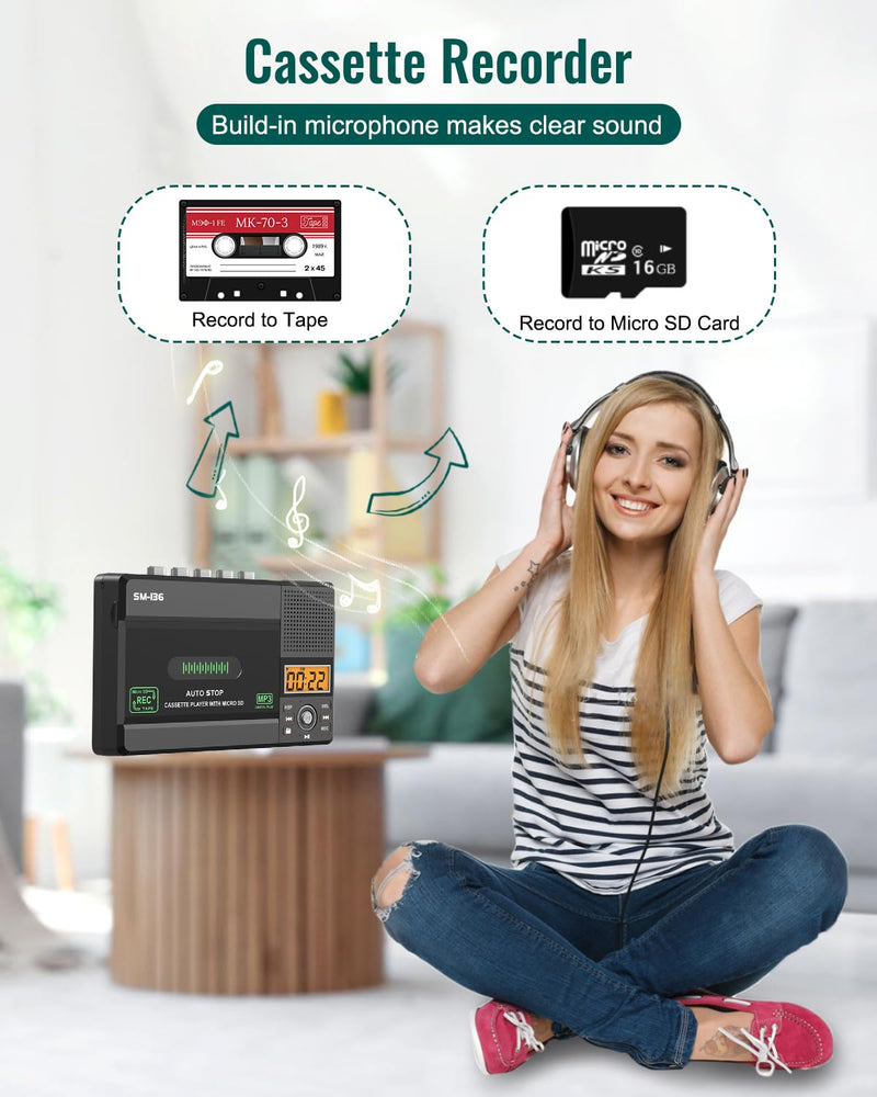 Portable Cassette Tape Player Recorder, Walkman Audio Cassette to Digital Converter via USB C or SD Card, LCD Dispaly, Build-in Microphone, Headphone Jack, Speaker, 16GB SD Card