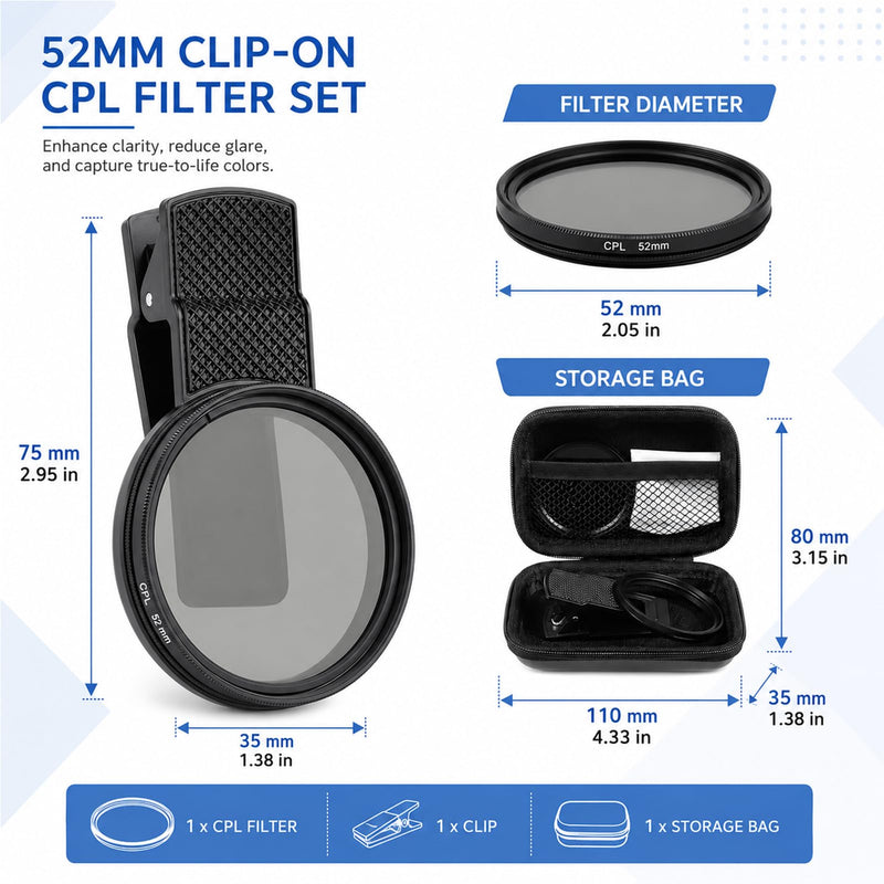 Cpl Filter iPhone,Polarized Lens for iPhone,iPhone Polarizing Filter,Polarizing Lens,Premium 52mm Cpl Filter,Widely Compatibility,for iPhone, Samsung Galaxy, and Google Pixel