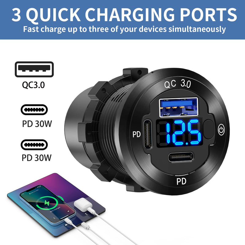 12V USB Outlet Wire USB Charger Multi Port, 3-Port Marine USB Fast Charger Waterproof Cigarette Outlet USB Replacement Aluminum
