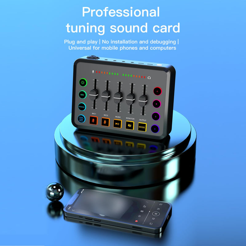 Portable Sound Card Wireless Live Streaming Audio Mixer for Podcasting Karaoke Gaming Noise Reduction RGB Lights 4-Custom Recording Buttons BT5.0 Compatible with PC/Phone