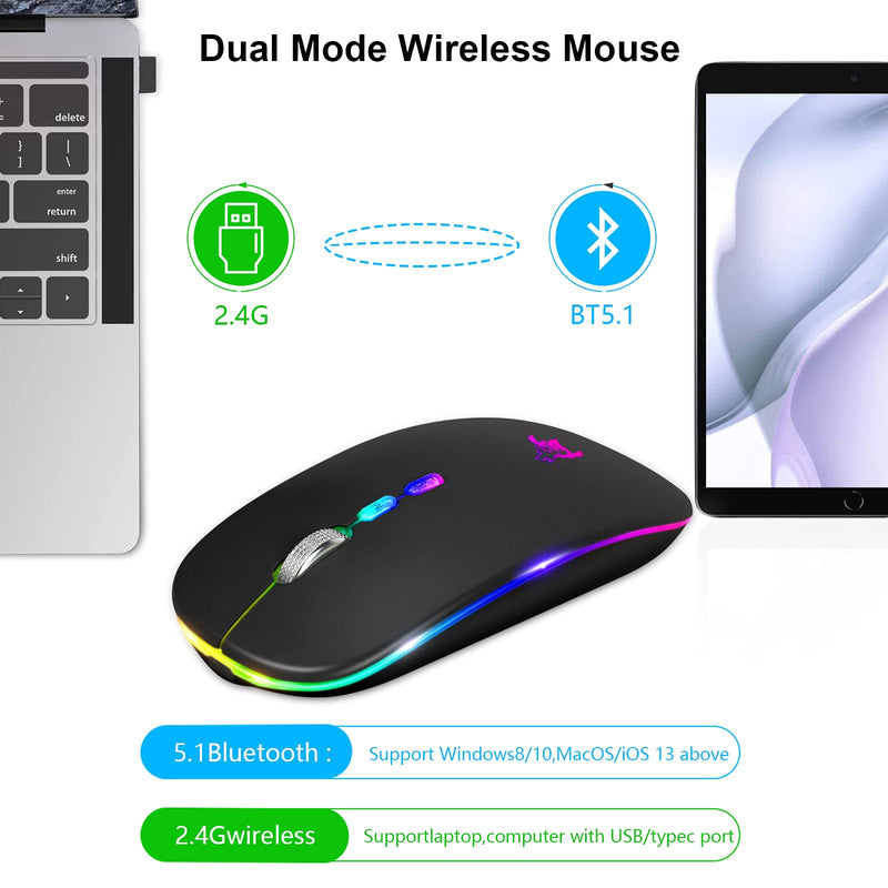 [AUSTRALIA] - HOTLIFE LED Wireless Mouse, Slim Rechargeable Silent Portable USB Optical 2.4G Wireless Bluetooth Two Mode Computer Mice with USB Receiver and Type C Adapter (Black) Black 