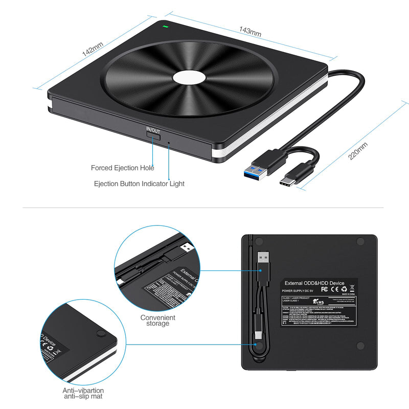 [AUSTRALIA] - External CD/DVD Drive for Laptop, USB 3.0 CD DVD +/-RW Burner CD ROM External DVD Drive CD Reader DVD Player for Laptop PC Mac MacBook Desktop Windows 11/10/8.1/7 Linux Blackwhite 