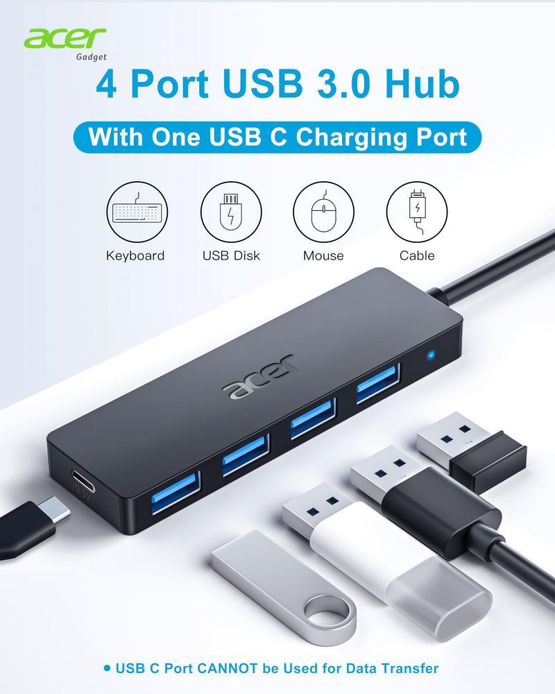 Acer USB Hub, 4 Ports Multiple USB 3.0 Hub, USB Data Hub for Laptop with USB C Power Port, USB Extender for A Port Laptop, Windows, Linux, Acer PC, and More(0.7ft) 0.7ft USB-A 3.0