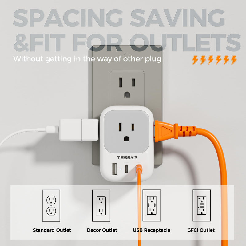 [AUSTRALIA] - USB Wall Charger, TESSAN Outlet Splitter with 4 AC Outlets Extender and 3 USB (2 USB C Blocks), Multi Plug Expander Charging Station for Cruise, Home, Office, Dorm Room Essentials 