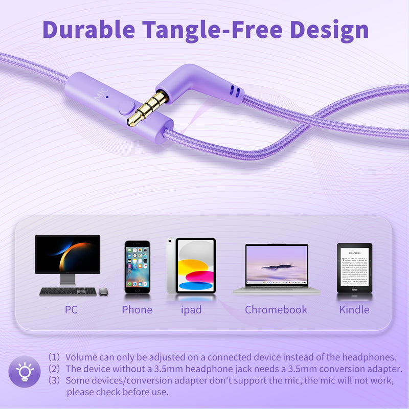 Botesty Sound Headphones Wired with Microphone, Over Ear Foldable 3.5mm Plug in Headphones with 4.9ft Tangle-Free Nylon Cord for Tablet, Laptop, MP3/4, School, Airplane Travel (Purple) Purple