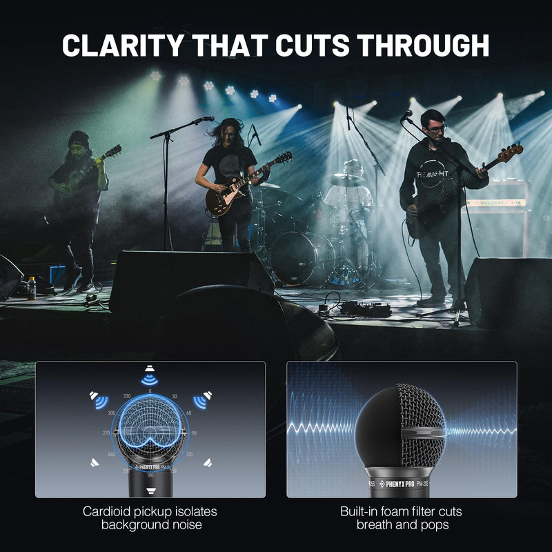 Phenyx Pro Dynamic Vocal Microphone, Cardioid Microphone with 16.4 ft XLR Cable, Mic Clip, Storage Bag, Wired Handheld Mic for Singing, Stage, Studio, Karaoke (PM-25)