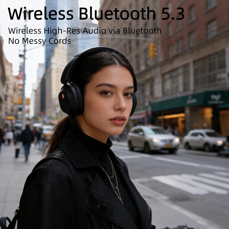 UPGRADE Noise Cancelling Headphones Wireless Bluetooth Over-Ear Headphones Booming Bass Memory Foam Ear Cups for Commuting Office Travel Home Phone PC - Comfortable and Foldable Design- Black