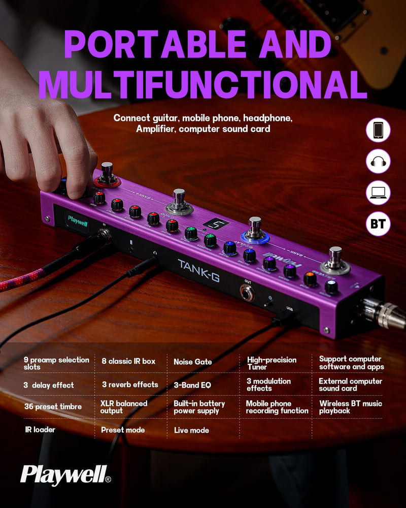 Playwell Multi Effects Guitar Pedal TANK-G,Digital Electric Guitar Effector with 36 Editable Presets,Chorus,Delay,Reverb,MOD,IR Loading,Recording,Tuner,Built-in battery,BT connection
