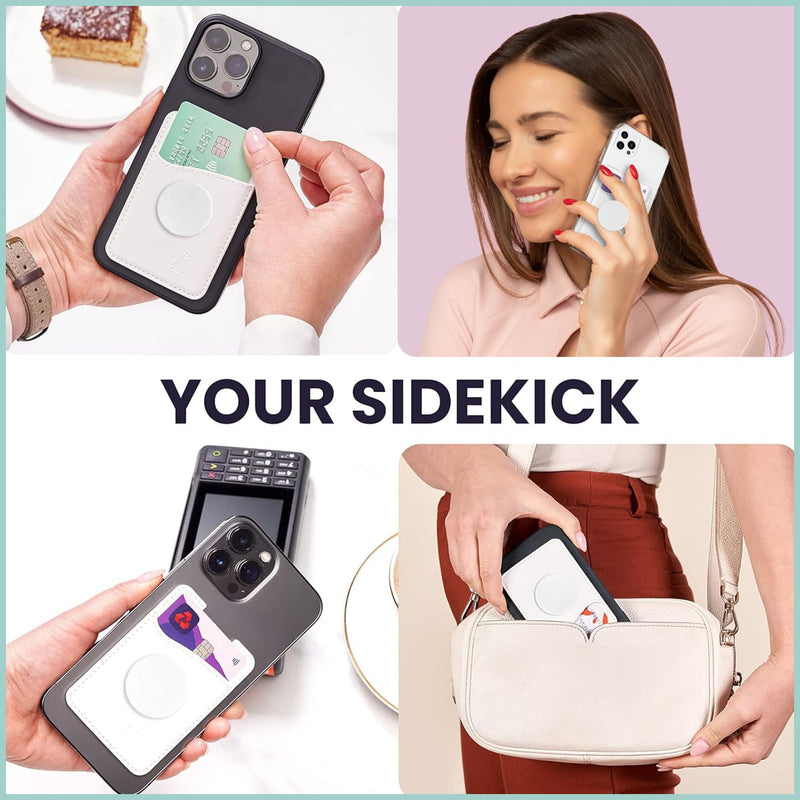 Wallaroo Wallets Premium Leather Phone Card Holder with Stand - Non-Slip Interior Strong Adhesive Grip - Phone Wallet Stick - Slim, Lightweight & Durable - Compatible with Most Phones White