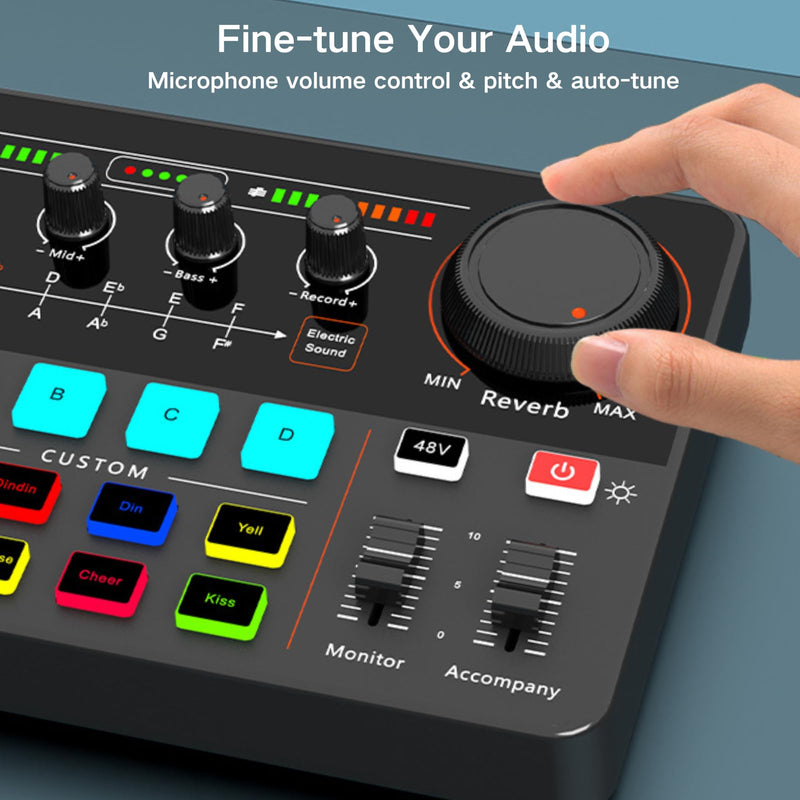 HOSONGIN Audio Interface for Beginners - Streaming Podcast Mixer with Pro-preamp, 48V Phantom Power, Voice Changer, Customizable Sound Effects, Noise Reduction for Podcasting, Gaming, Recording Sound-Card-P300