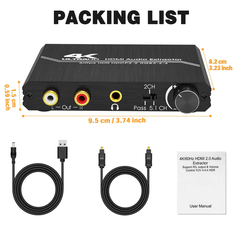 Tendak HDMI Audio Extractor, 4K HDMI to Optical SPDIF + 3.5mm Stereo + RCA L/R Audio Adapter Converter with Volume Control Support 4K@60Hz HDCP 2.2 HDR 3D YUV 4:4:4
