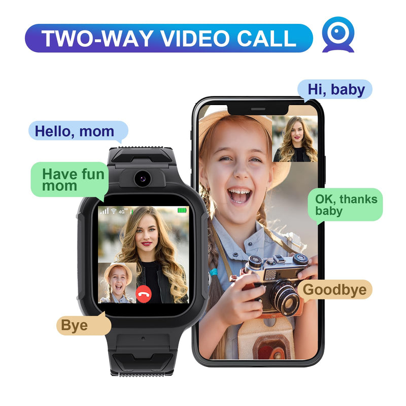 4G Kids Smart Watch GPS Tracker - Smartwatch with Two Way Call Video Calling Voice Chat SOS Class Mode Stopwatch Pedometer Games Wi-Fi Touch Screen Alarm Clock Smartwatches for Boys Girl (Black) Black