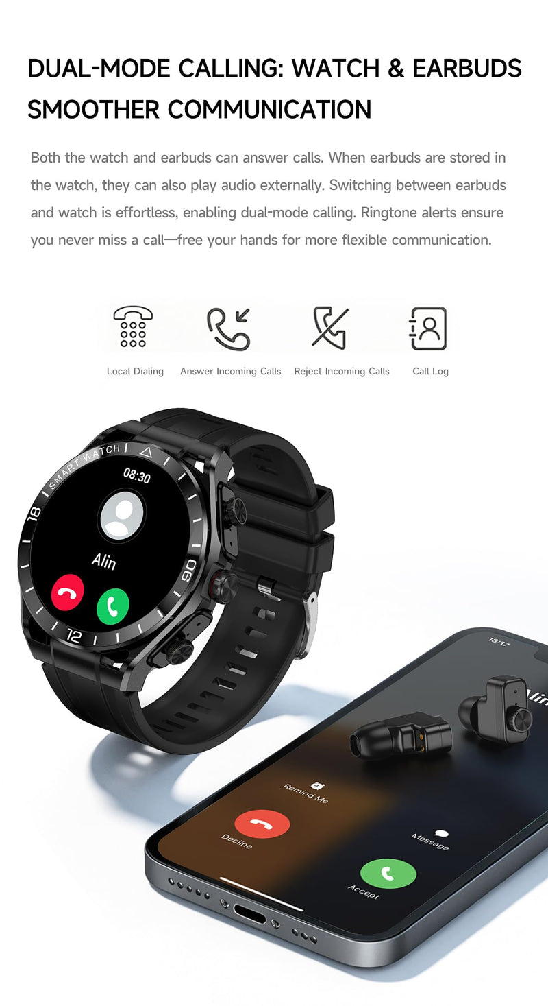 Smart Watch with Earbuds,Round 1.52'' Touch Screen,Modern Watches for Men Women,Headphones Combo(Answer/Calls),Fitness Tracker with Sleep Monitor, 100+ Sports Modes,for iPhone & Android Gold & Black
