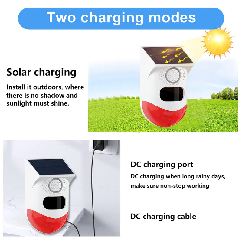 [AUSTRALIA] - ChunHee Solar Motion Sensor Outdoor Alarm,Adjustable Sensitivity Motion Activated Alarm,129db Sound Security Siren Light IP67 Waterproof and 4 Mode for Home,Farm,Barn,Villa,Yard(2 Pack) 2 Light+2 Remote Control 