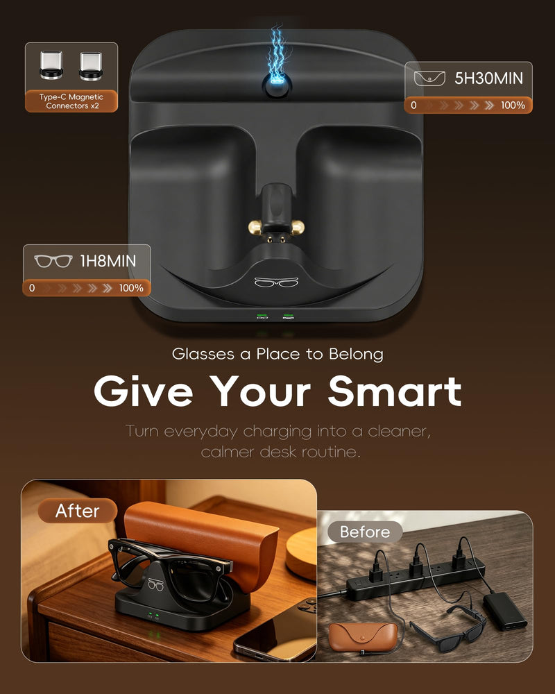 2-in-1 Charging Station for Ray-Ban Meta Smart Glasses & Charging Case | Smart Glasses Charger & Glasses Stand | Separate LED Status | One-Hand Removal | Accessories for Wayfarer & Skyler Gen 1/2