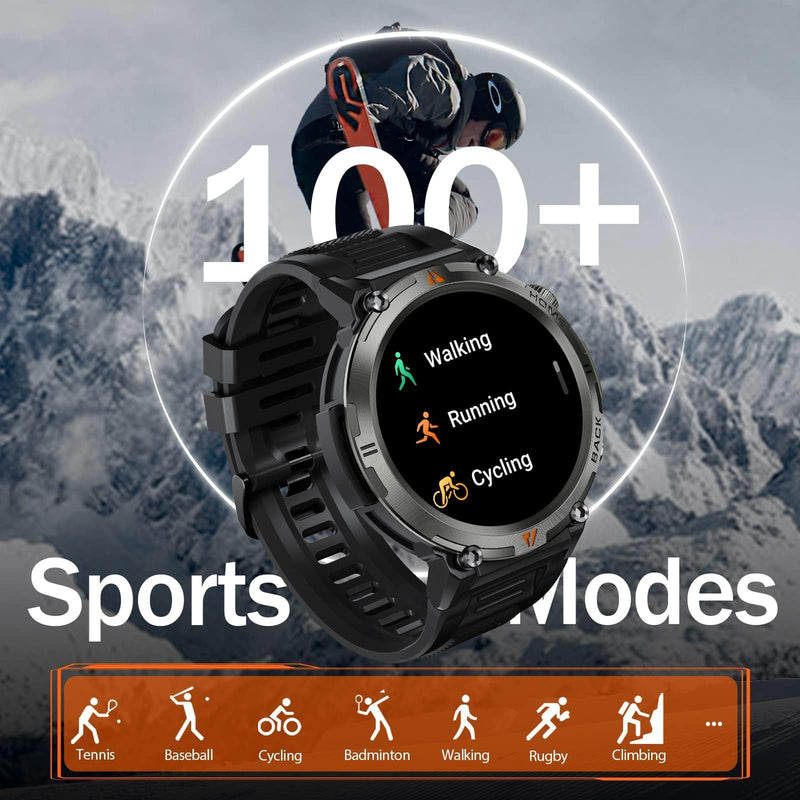Military Smart Watch for Men with LED Flashlight 1.45" HD 3ATM Waterproof | Rugged Smart Watch with 100+ Sports Modes Fitness Tracker with Heart Rate/Sleep Monitor Tactical Smartwatch for iOS Android Orange