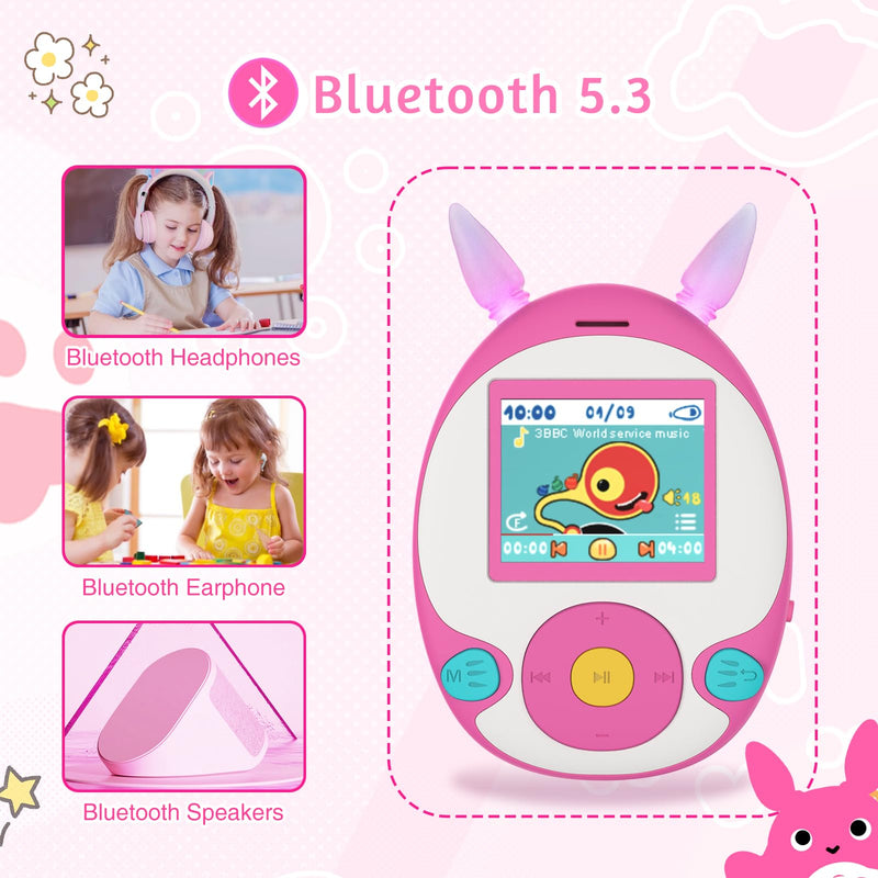 [AUSTRALIA] - 64GB MP3 Player for Kids, Kids MP3 Player with Bluetooth, Front Speaker, Games, Recorder, Ear Lights, Alarm, Music Player Expandable Up to 128GB(Earbud, Aux Cable, Lanyard Included) Pink 