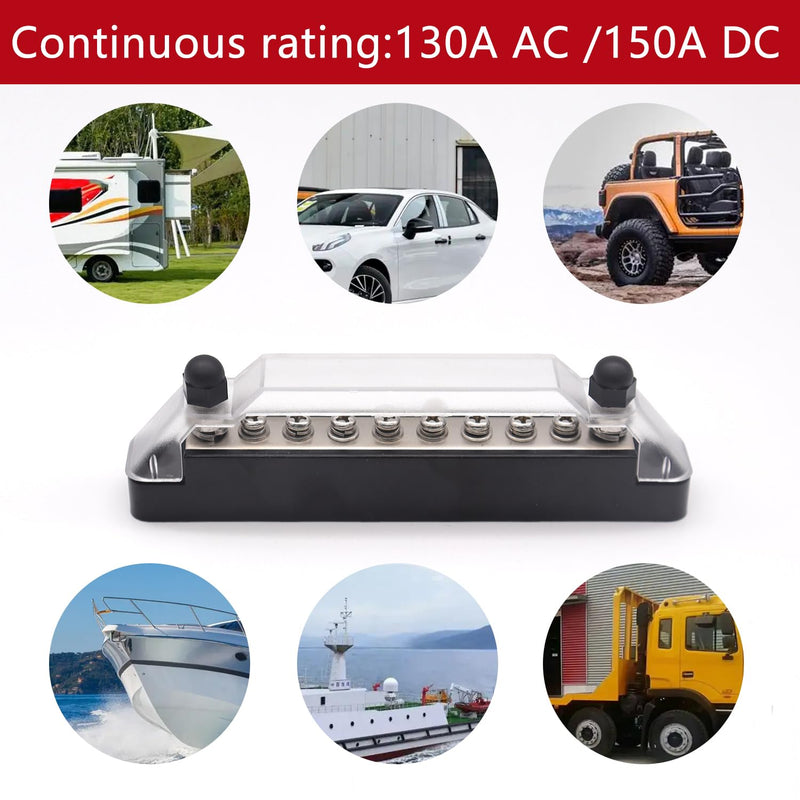 12V Bus Bar Marine 2 x 1/4" (M6) Terminal Studs,8 x M4 (#8) Terminal Screws,12V Power Distribution Block with Cover and Ring Terminals, Battery Bus Bar for Car and Boat (Black+Red) Q-O-038-10-A 2 x 1/4"(M6) Studs & 8 x #8(M4) Screws
