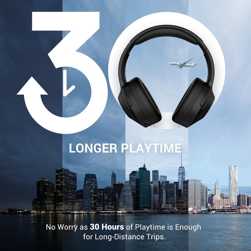 Hybrid Active Noise Cancelling Headphones Wireless Over Ear Bluetooth Headphones with Microphone Deep Bass, Wireless Headphones with Hi-Fi Audio, Memory Foam Ear Cups, 30H Playtime - Black