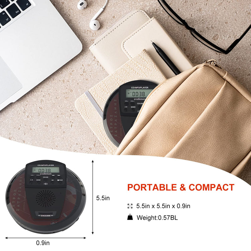 Rechargeable CD Player Portable with Bluetooth,Compact Anti-Skip Shockproof Walkman CD Player with Earphone, Stereo Speakers&LCD Display for Car/Home/Travel (AUX Output)