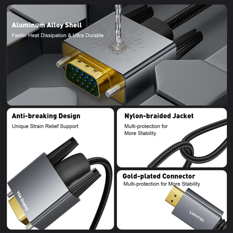 HDMI to VGA Cable Adapter 10FT |Anti-Interference Gold-Plated Plugs| 1080P Aluminum HDMI Source to VGA Display Braided Cord (Male to Male) for PC,Laptop,Xbox,Graphics Card,Monitor More 1 Pack