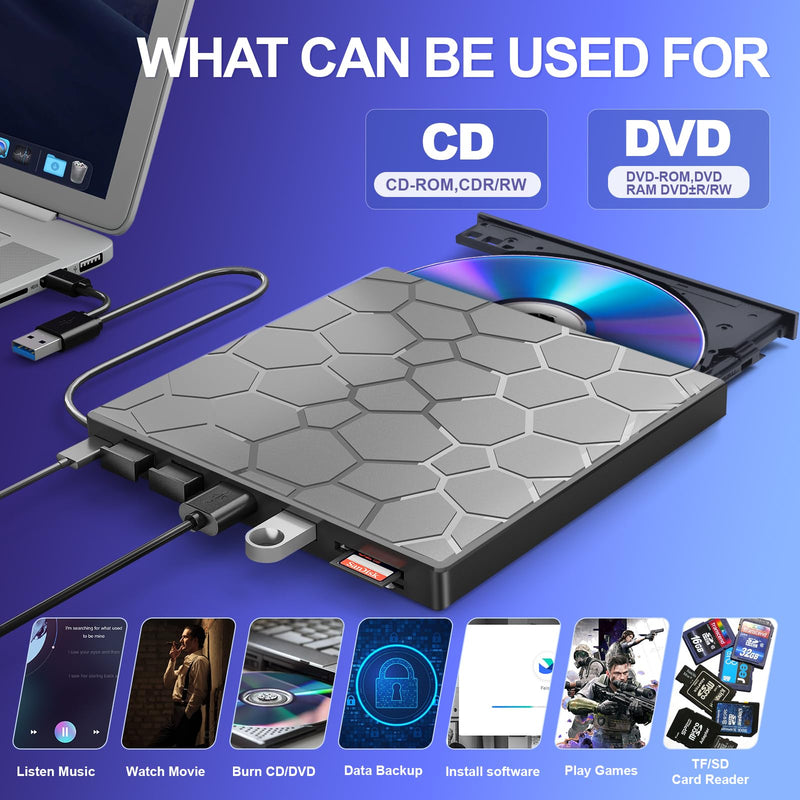 BPAKDU External CD/DVD Drive for Laptop, DVD Player for Laptop, 8 in 1 USB 3.0 Ultra-Slim Portable, CD Burner External Disk Drive Optical Compatible with Desktop Mac,Windows 11/10/8/7 Linux