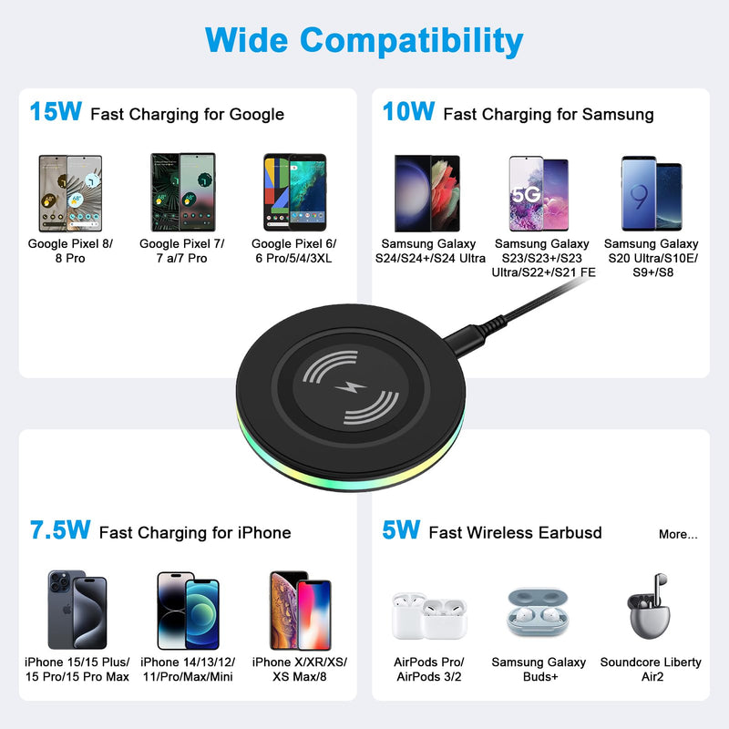 15W Samsung Wireless Charger Fast Charging for Samsung Galaxy S24 S23 Ultra S22+ S21 S20 FE S10 S9, Wireless Charger Pad Phone Charging Station for iPhone 15 14 13 12 11, Google Pixel 8 Pro 7a 6 Pro 1-Pack Black