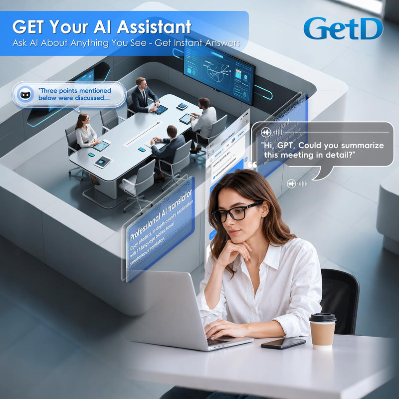 GetD AI Glasses, Smart Glasses Powered by ChatGPT, Real-Time AI Translation | Photochromic lens, AI translation in 145 languages, Hands‑free calls, Immersive audio, Holds AI conversations Black + Grey Photochromic Lens Large