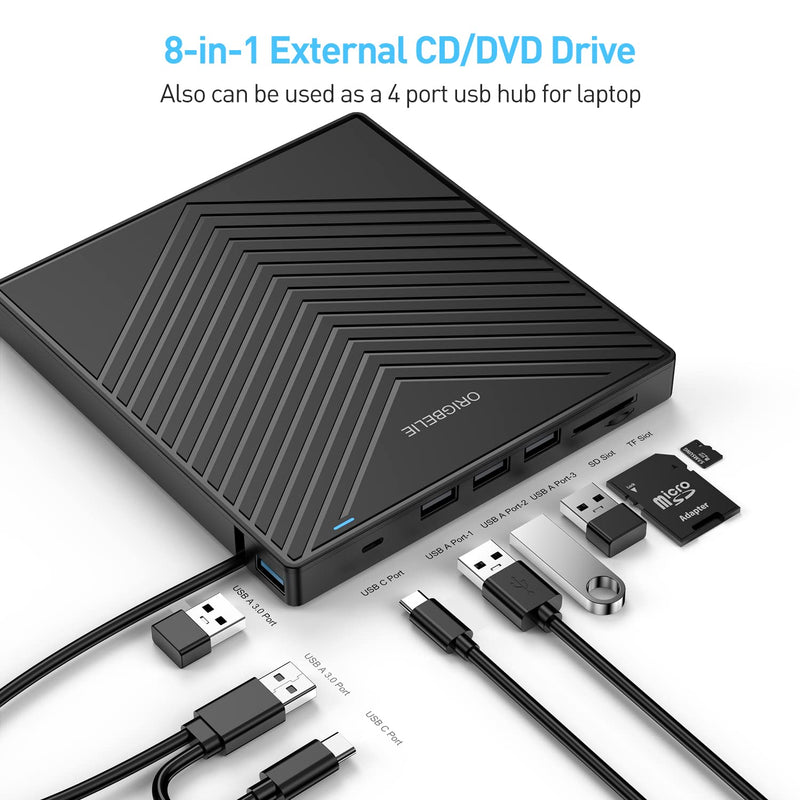 ORIGBELIE External CD DVD Drive, USB 3.0 & 4 USB Ports & 2 TF/SD Card Slots | Ultra Slim CD DVD ROM Player Burner Reader Writer Rewriter Optical Disk Drive for Laptop PC Mac OS Windows 11/10/8/7 Linux 5.6" x 6" x 0.7"