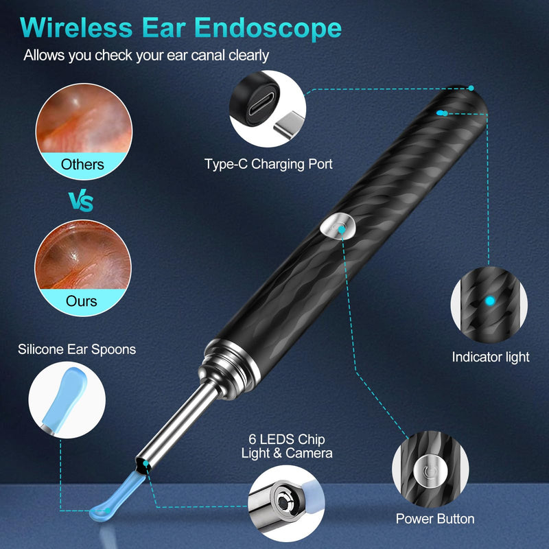 Ear Wax Remover Otoscope, 1080P WiFi Ear Cleaner Camera, IP67 Waterproof Ear Mirror 360° Wide Angle Ear Cleaner Otoscope Ear with 3.5 mm Lens and 6 LEDs for iPhone, iPad and Android, Smartphones