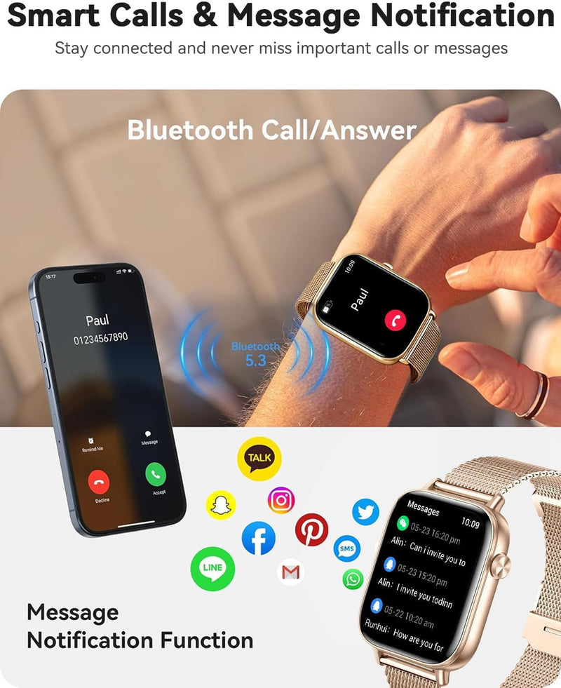 [AUSTRALIA] - Smart Watches for Women, Android Smart Watch for Phones (Make Calls), 1.85" HD Fitness Tracker Watch with Blood Pressure/Heart Rate/Sleep Monitor, 110+ Sport Modes Fitness Watches for Women/Men Gold 
