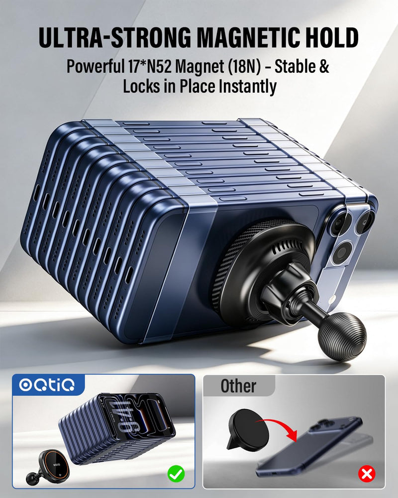 OQTIQ Qi2 15W Magnetic Car Charger for MagSafe with 25mm Ball Mount | Compatible with RAM Mounts,Magnetic Wireless Charger with Metal 25mm Ball Mount for MagSafe