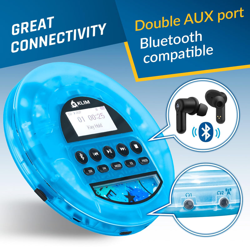KLIM Nomad Transparent Blue - Portable CD Player Walkman with Long-Lasting Battery - Includes Headphones - Discman MP3 Player - TF Card FM Radio Bluetooth AUX - Ideal for Home, Cars - 2024 Version