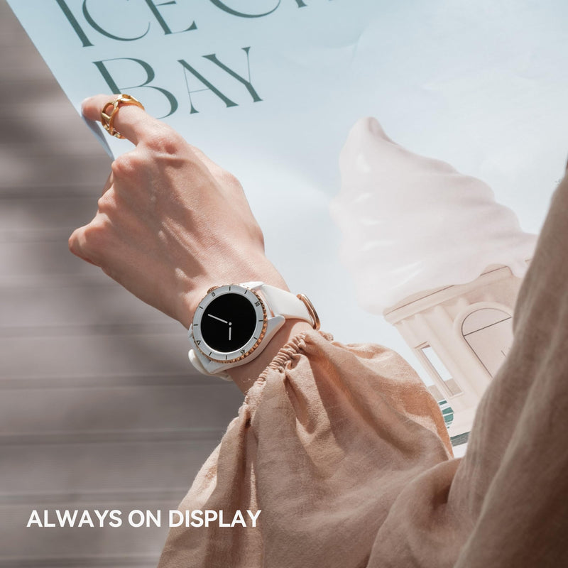 KAVVO Oyster Mini 38mm Bluetooth Smartwatch for Women, 1.1'' Delicate AMOLED Always-On Display, Rotating Bezel, Fitness Tracker with Female Health, Heart Rate Blood Oxygen Monitor(Ceramic White) Ceramic White