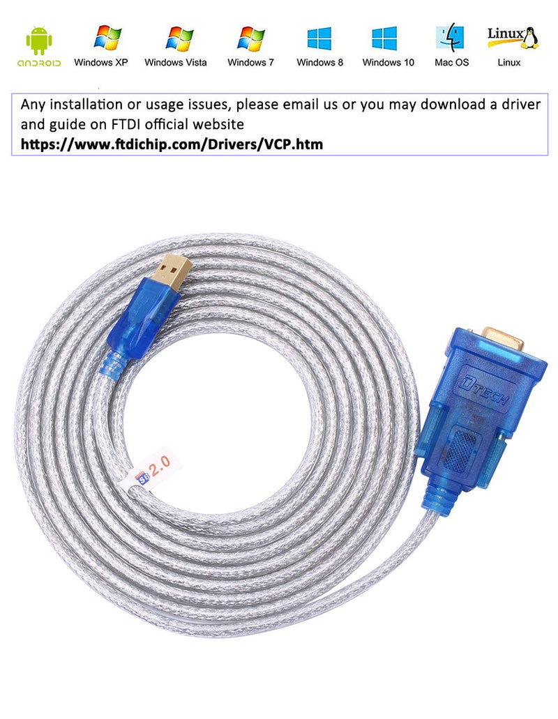 USB to Serial Adapter 10 ft, DTECH USB to RS232 DB9 Female Cable COM Port with FTDI Chipset Supports Windows 11 10 8 7 Mac Linux