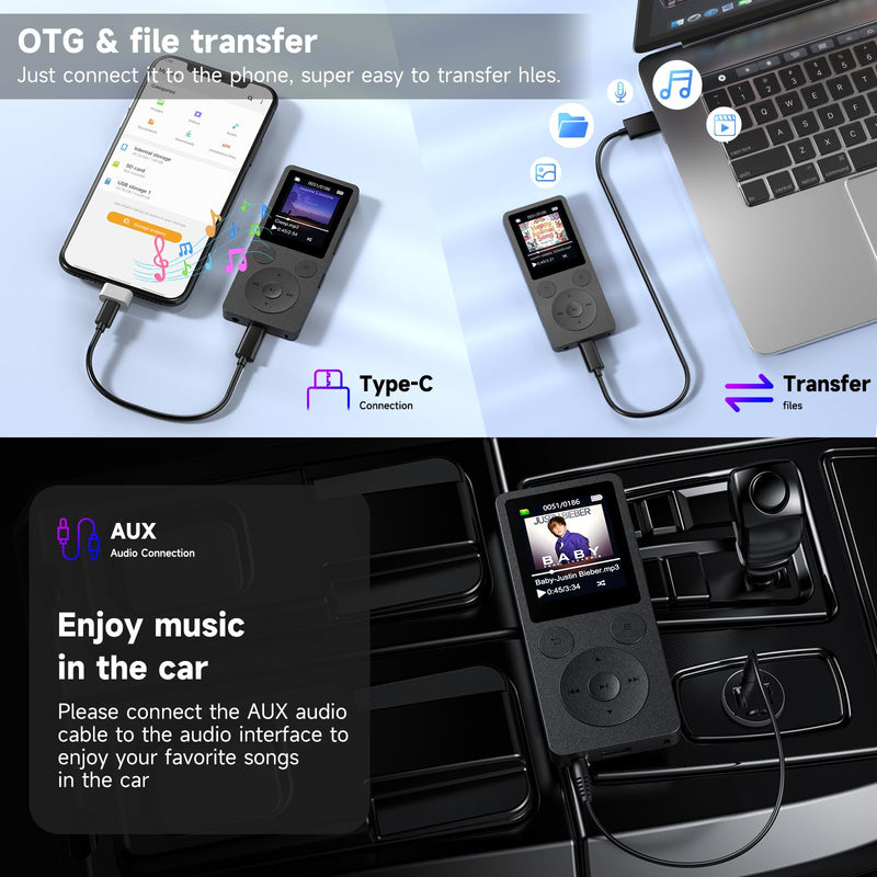 [AUSTRALIA] - 64GB MP3 Player with Bluetooth 5.3 Auto Reconnect, MP3 Music Player with Speaker, 1.8" Screen & Physical Buttons, Voice Recorder, FM Radio, 40H Battery Life, No WiFi, Support 128GB microSD Card Black 